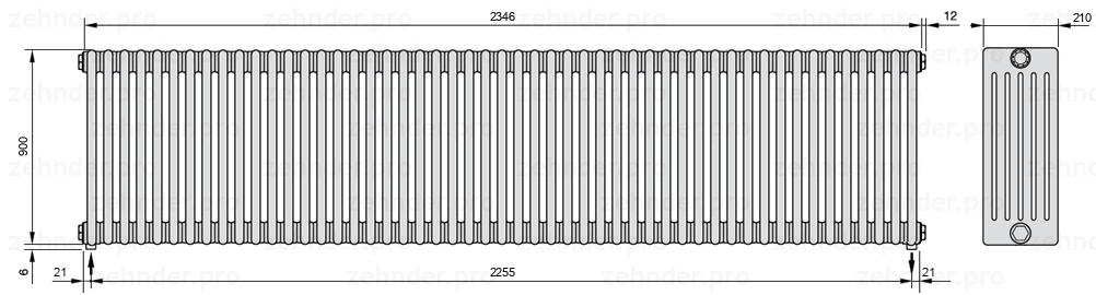 Схема (чертеж) Радиатор Zehnder Charleston 6090/51 №3570 Белый глянцевый RAL 9016